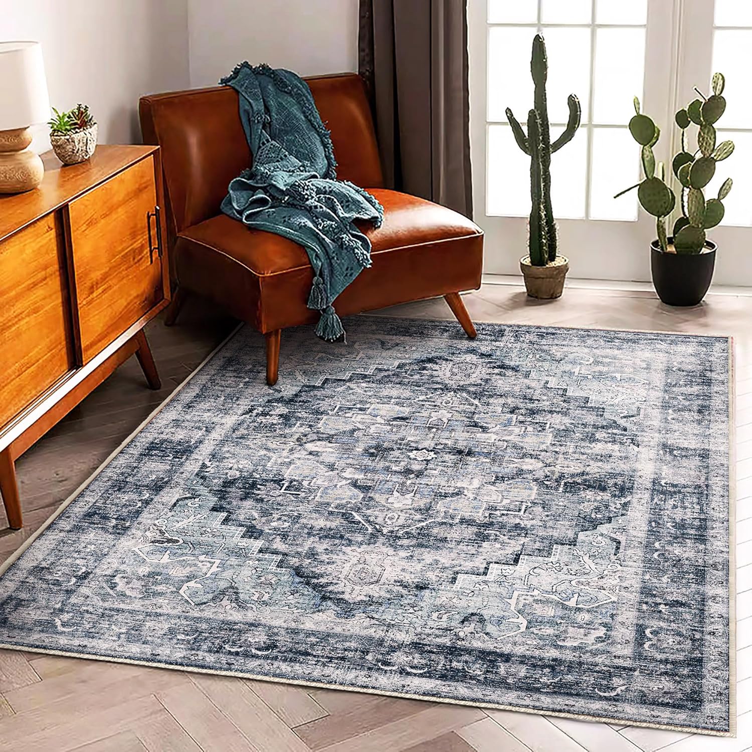 Dark Blue Vintage Area Rug 5ftx7ft for Living Room & Bedroom