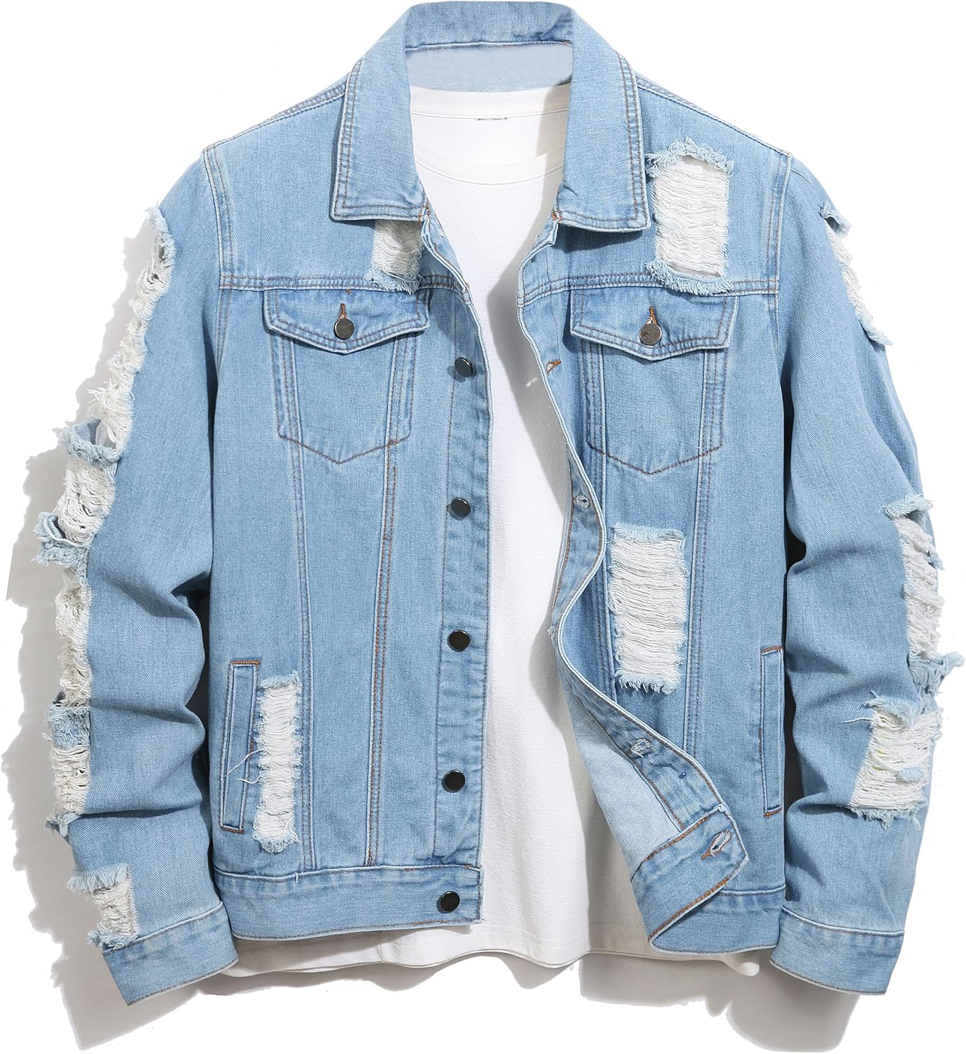 Denim Jacket Men Slim Fit Ripped Trucker Coat for Fashion Lovers