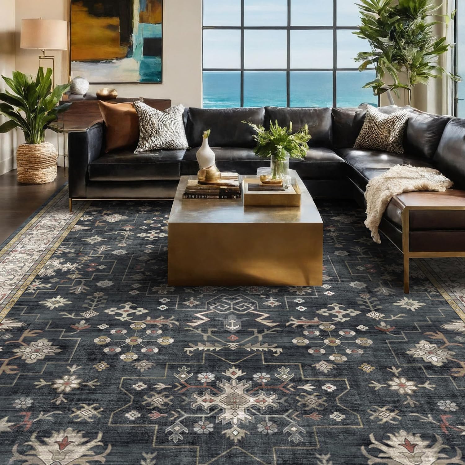 Black Farmhouse Washable 8x10 Area Rugs for Living Room Decor