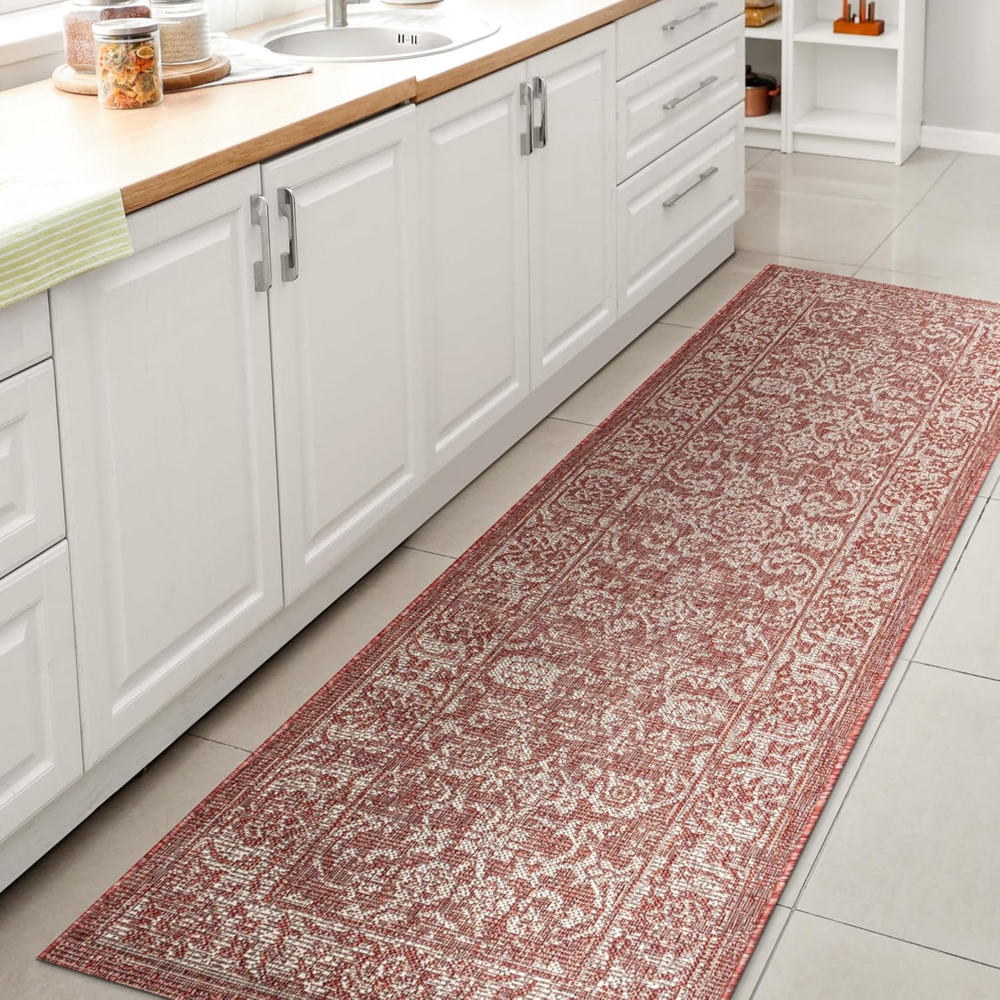 Weave Floral Indoor Outdoor Runner Rug 2X8 Red/Taupe for All Spaces