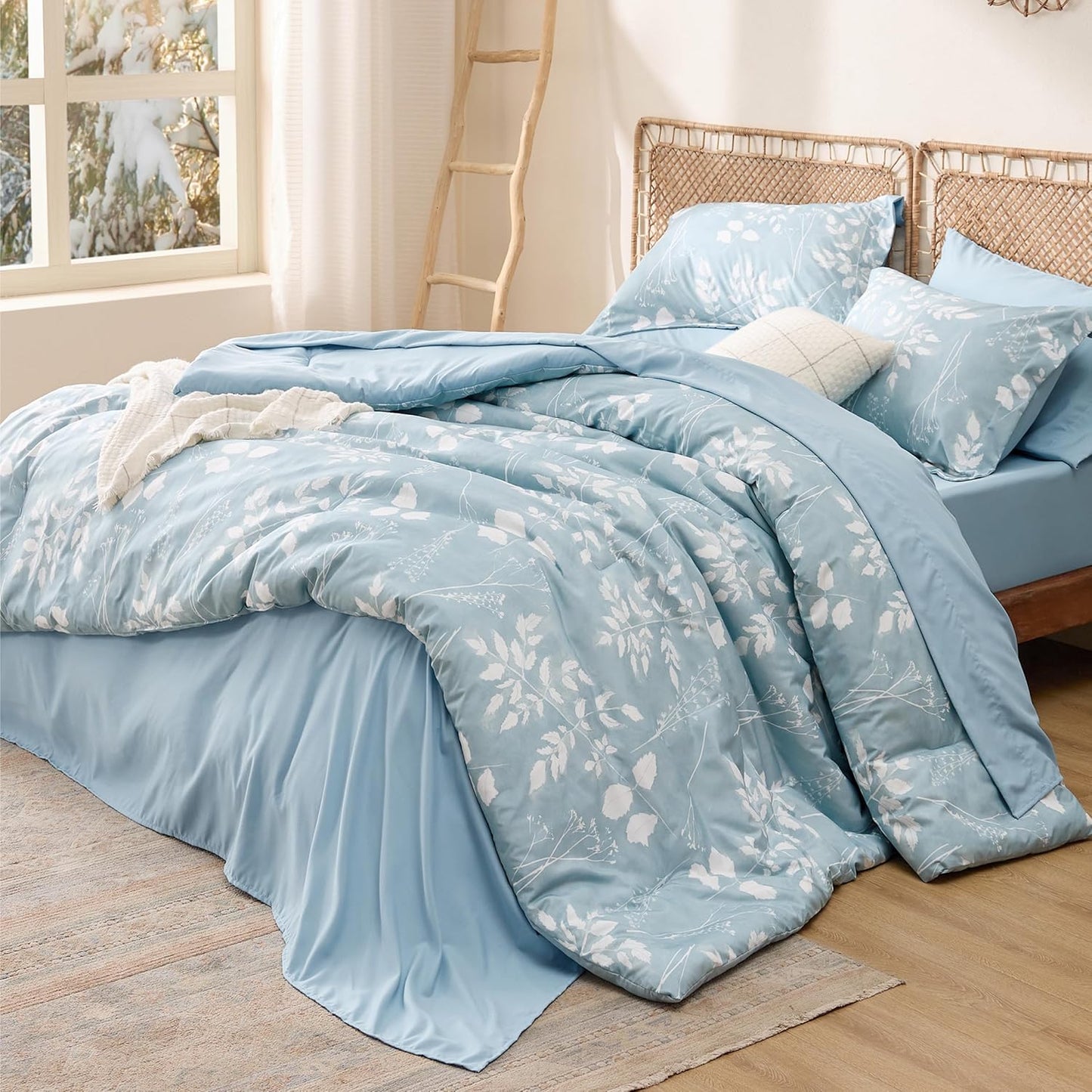 Sky Blue Full Comforter Set - 7 Pieces Floral Bedding Set