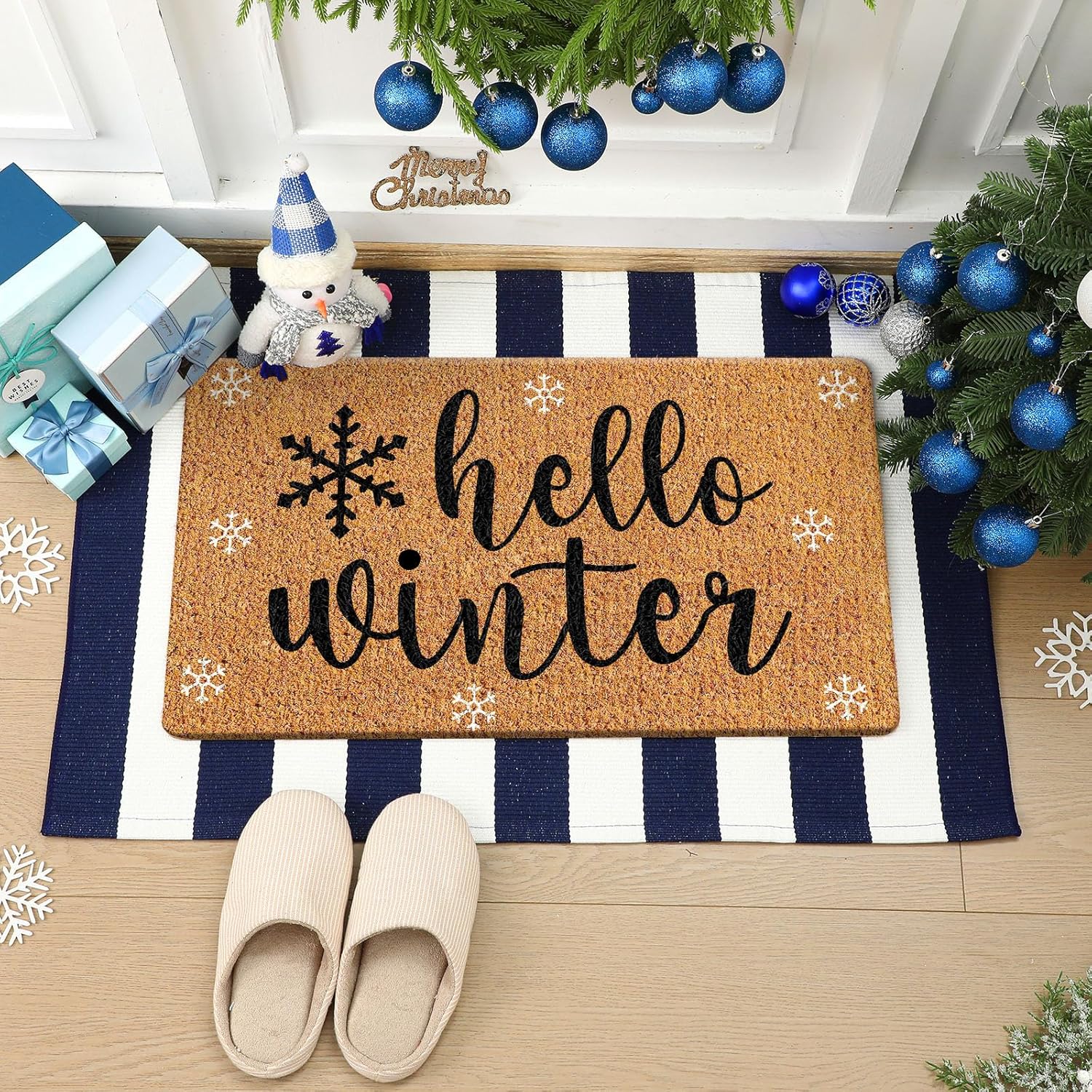 Hello Winter Door Mat Set with Snowflake and Stripe Design