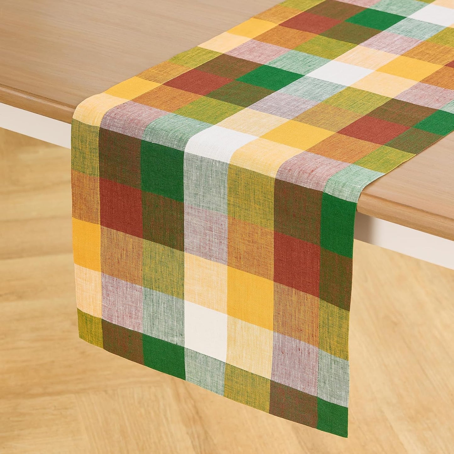 Plaid Linen Table Runner 132 Inches Long for Autumn Decor