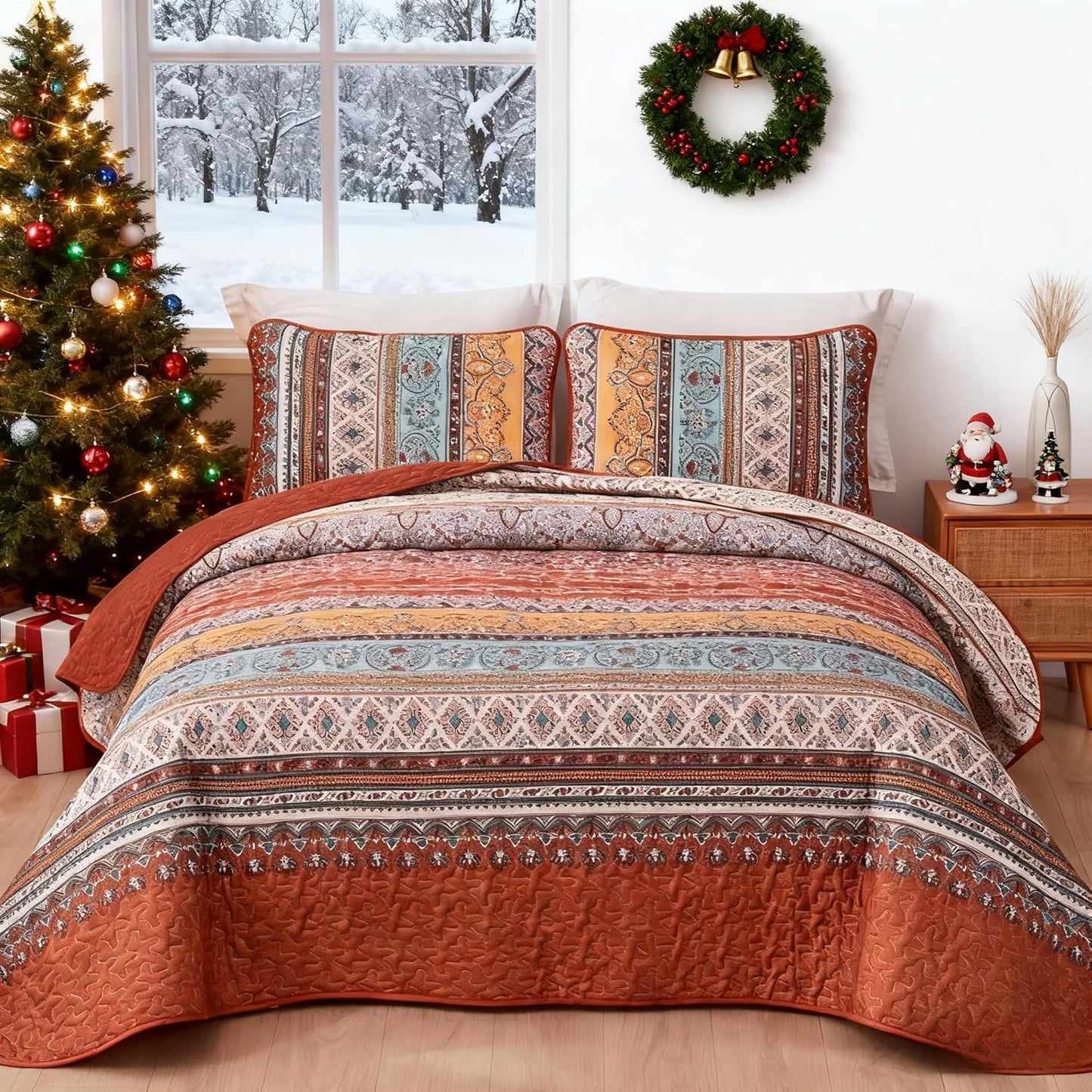Boho Quilt Set King Size Burnt Orange for All Seasons