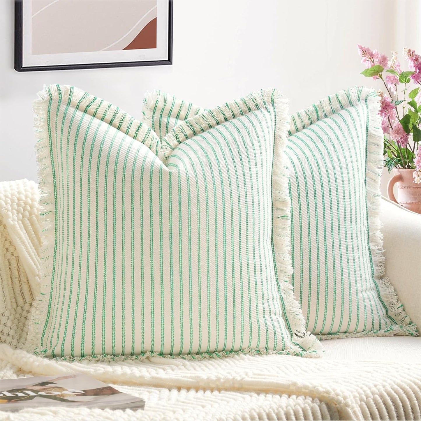 ZWJD Throw Pillow Covers 24x24 Chic Green Striped Set of 2