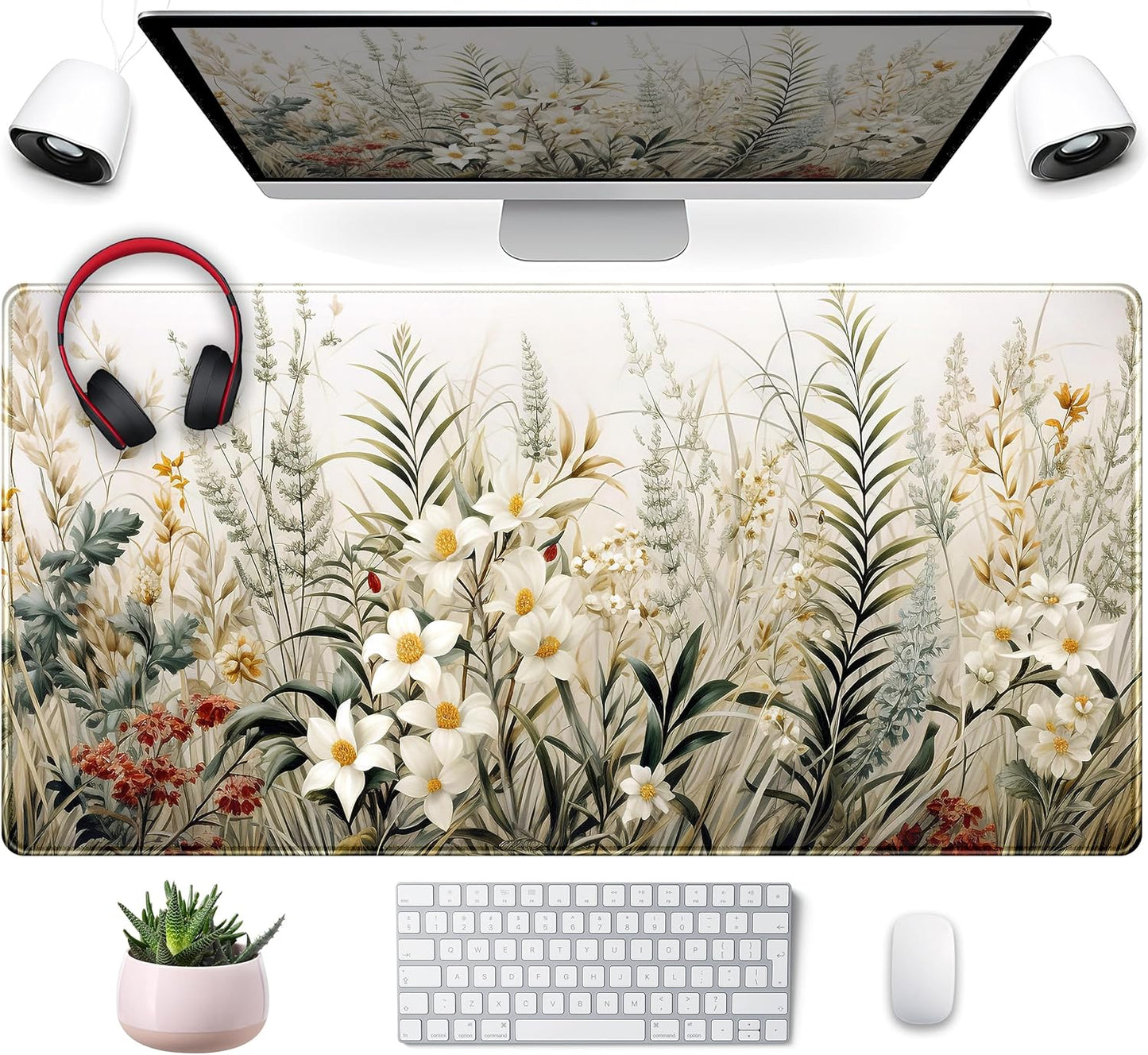 Sage Watercolor Flower Desk Mat - XXL Gaming Mousepad