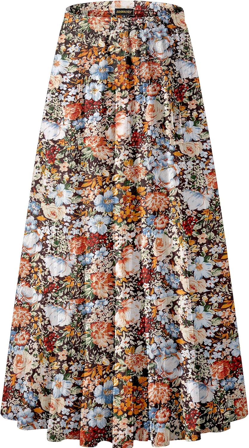 Chiffon Elastic High Waist Pleated A-Line Flared Maxi Skirt