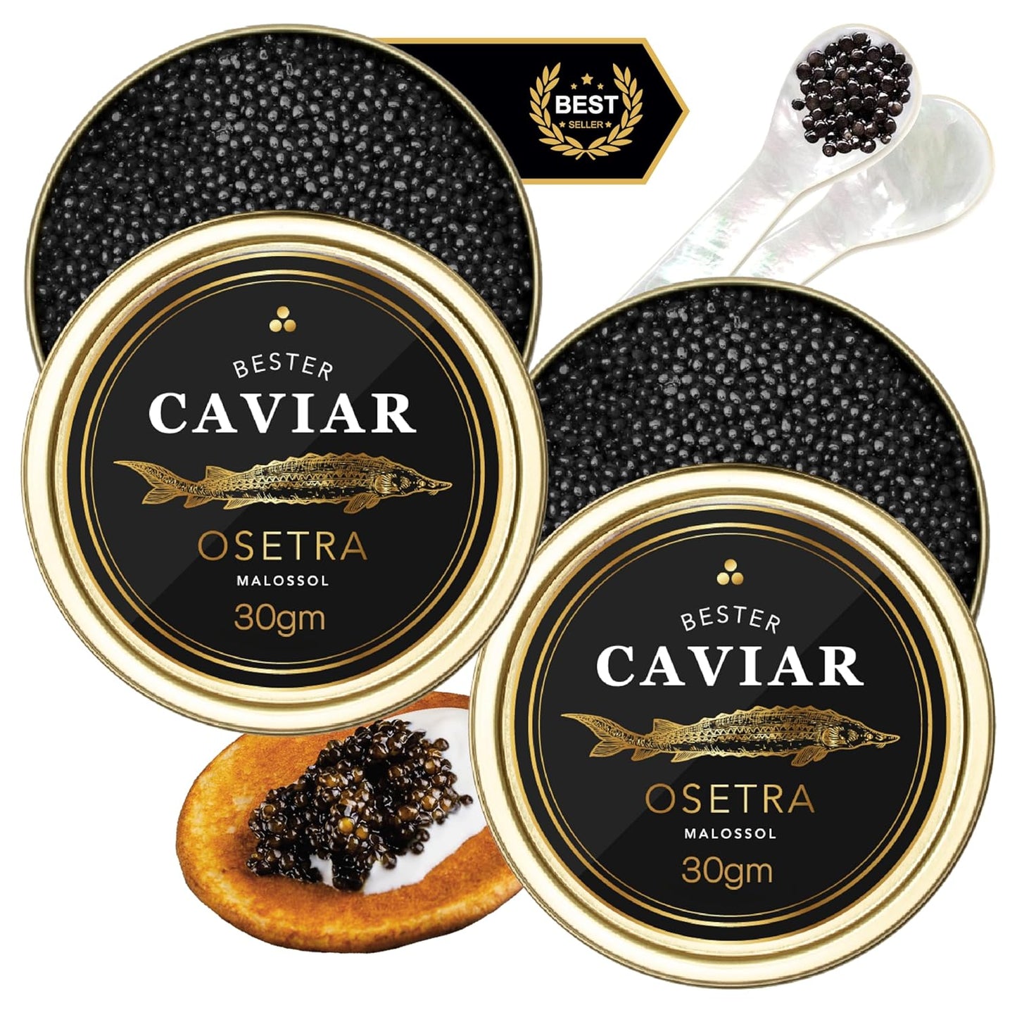 Bester Premium Russian Osetra Sturgeon Caviar - 2x 1 oz Tins
