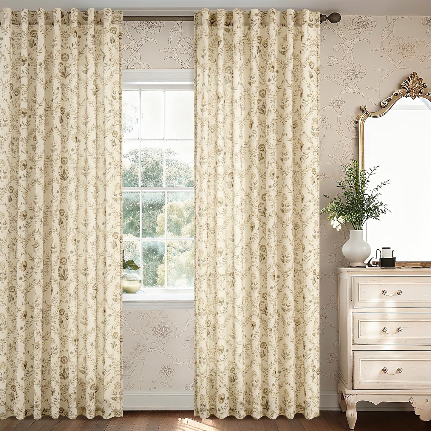 Vintage Floral Linen Curtains Set for Living Room and Bedroom