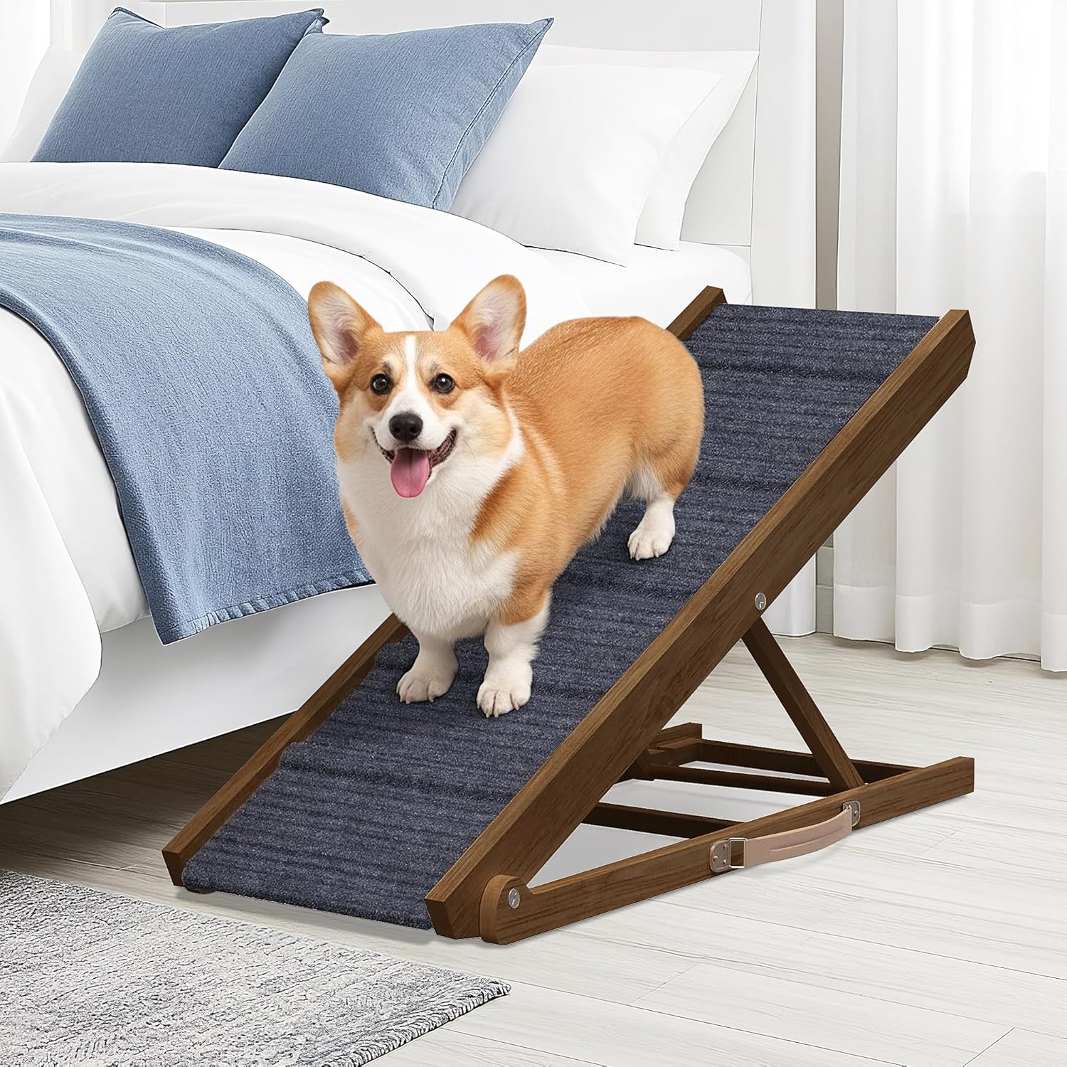 Adjustable Dog Ramp for Bed - Foldable Wooden Ramp for Pets