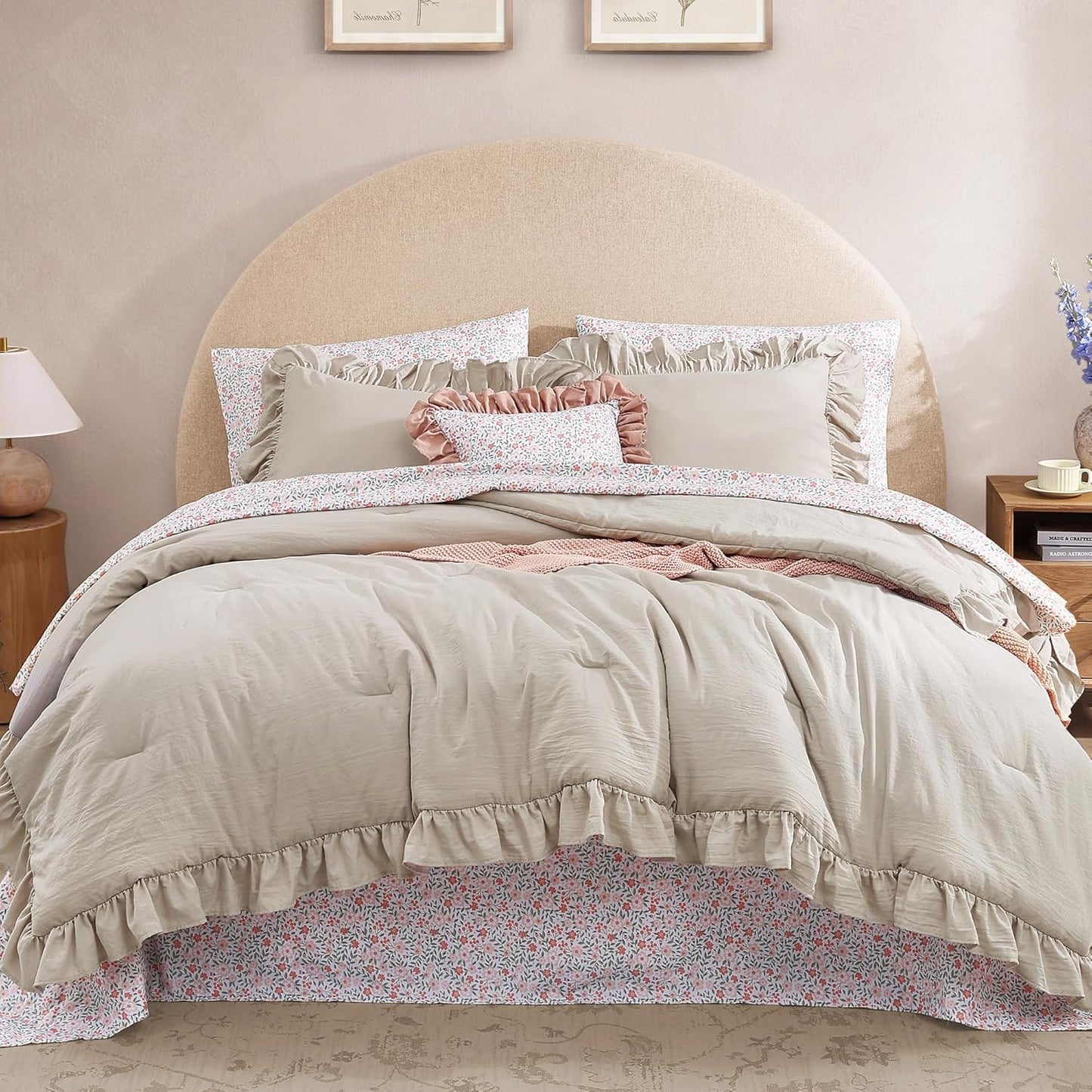 King Comforter Set - 7 Pieces Ruffle Beige Bedding for Cozy Rooms