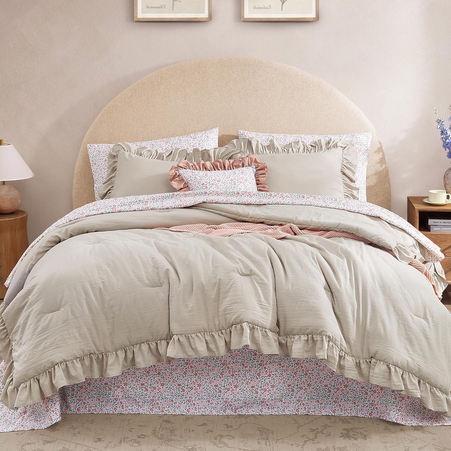 King Comforter Set - 7 Pieces Ruffle Beige Bedding for Cozy Rooms
