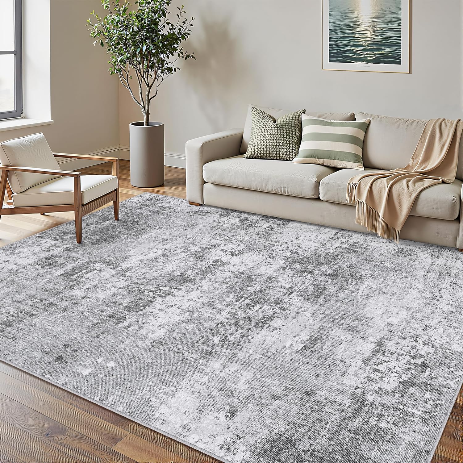 Washable Gray Area Rug 5x7 Modern Abstract Living Room Carpet