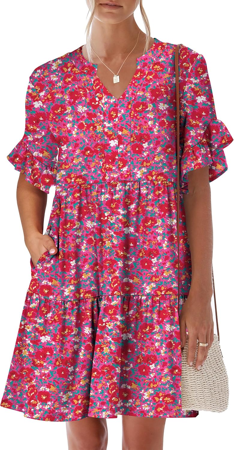 Trendy Ruffle Short Sleeve V Neck A Line Mini Beach Dress