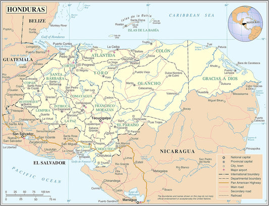 Honduras Detailed Map 24x31: Roads, Railroads, Cities