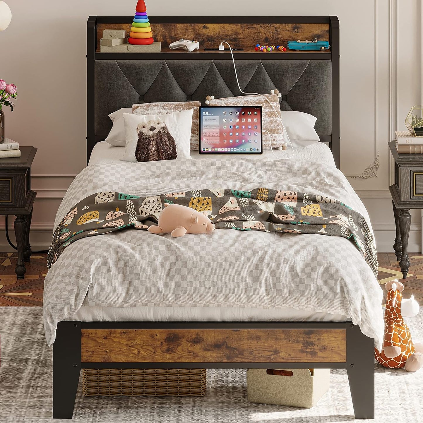 ANTCOR Twin Bed Frame with Storage Headboard and Outlets