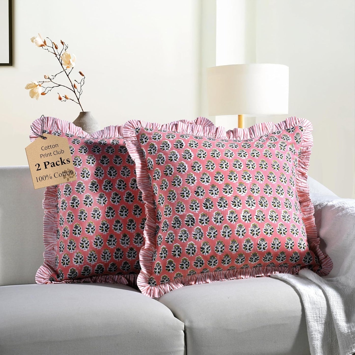 CPC Poppy Pink Ruffle Throw Pillow Covers for Couch, 18x18 in