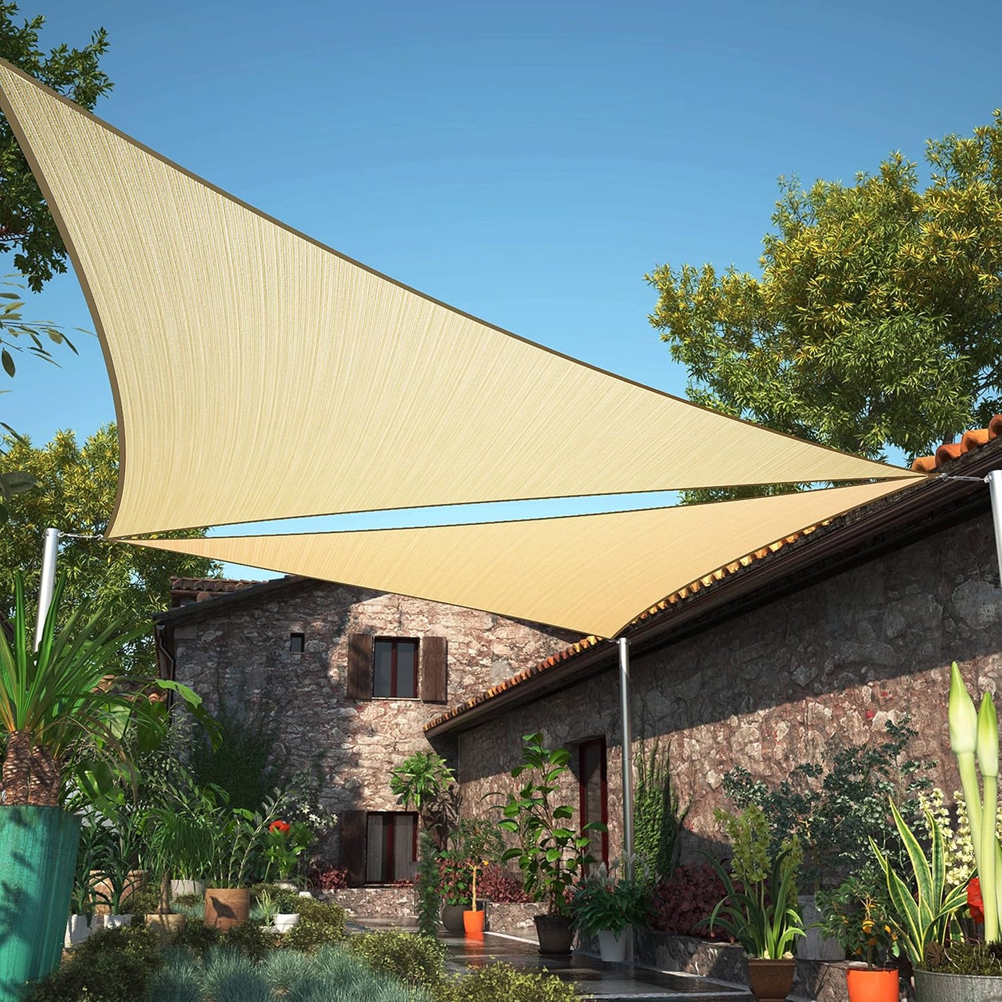 Beige Sun Shade Sail 24ft x 24ft x 24ft Triangle Canopy Fabric