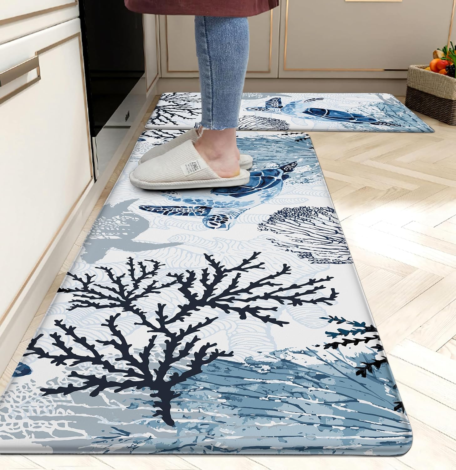 Coastal Beach Kitchen Floor Mat Set with Coral Sea Turtle Design