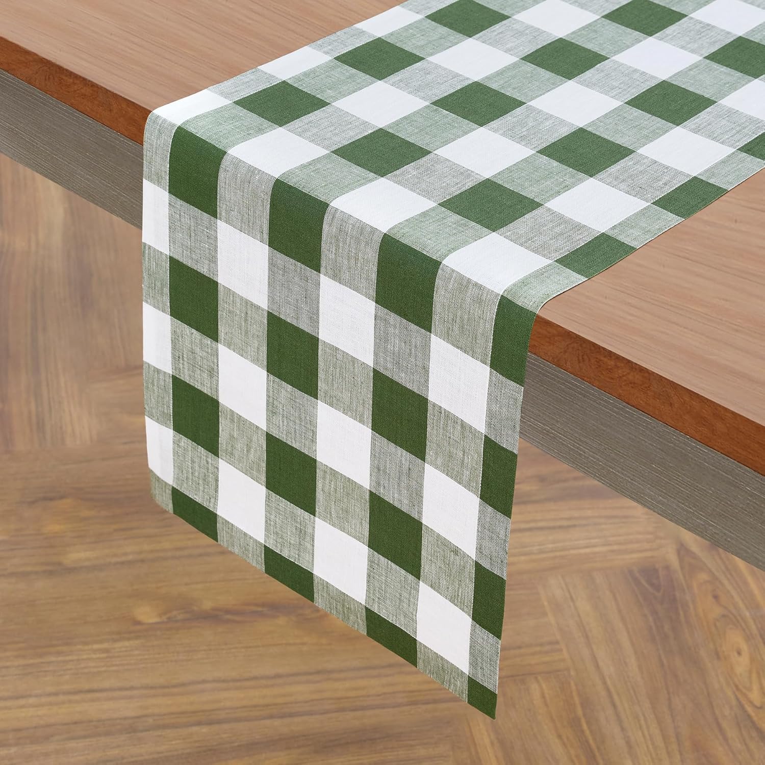 Buffalo Check Fall Table Runner - 100% Pure Linen Olive White