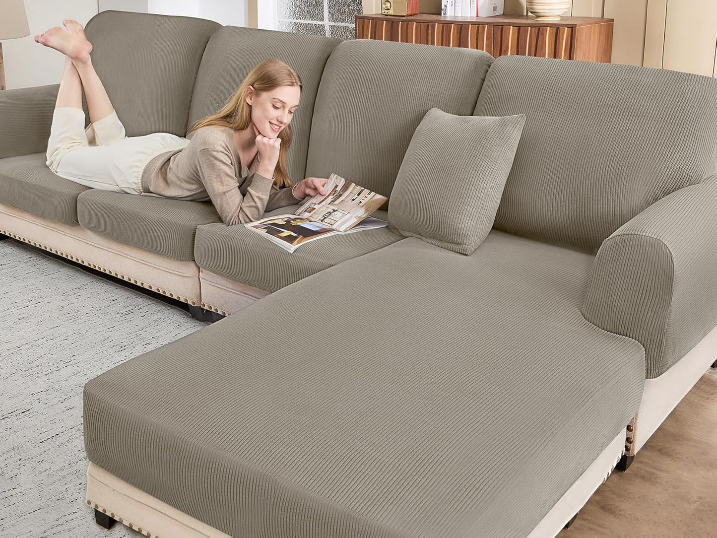 L Shaped Couch Cover Washable Soft Slipcovers with Pillowcases