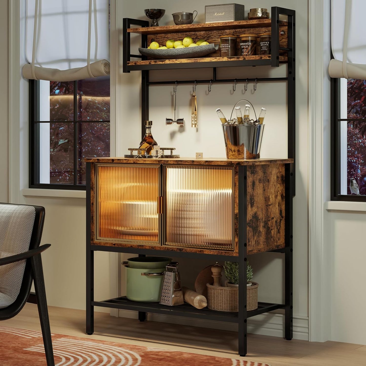 5 Tier Coffee Bar with LED Lights - Rustic Brown