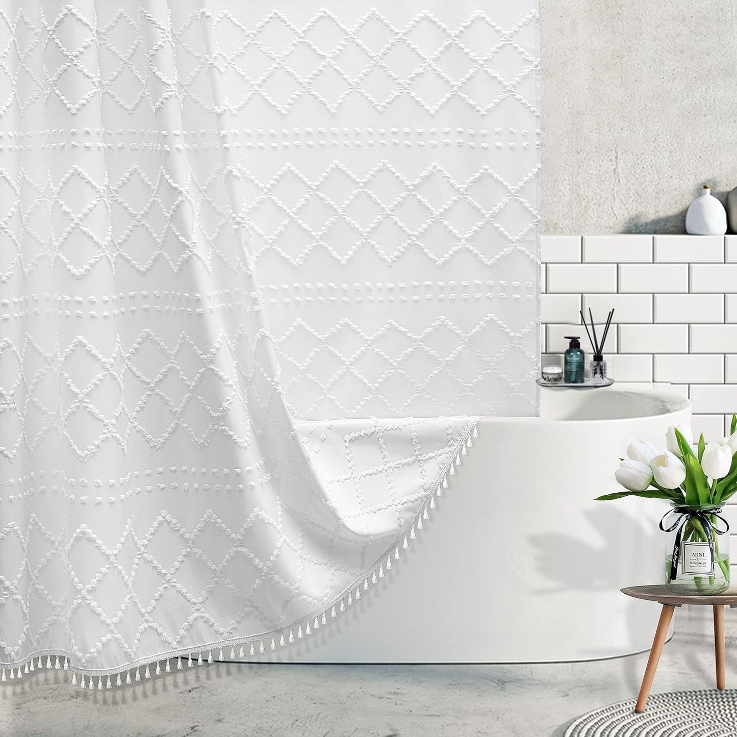 Boho White Tassel Shower Curtain - Water Resistant, 72x72