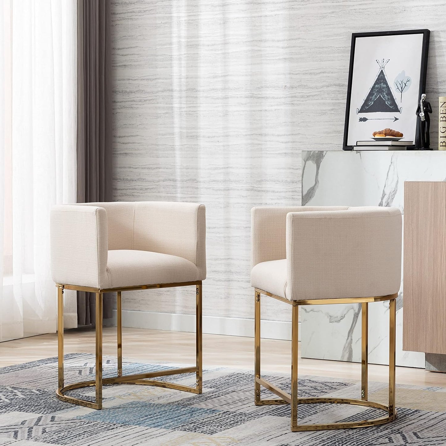 Linen Bar Stools Set of 2 with Golden Metal Base for Kitchen