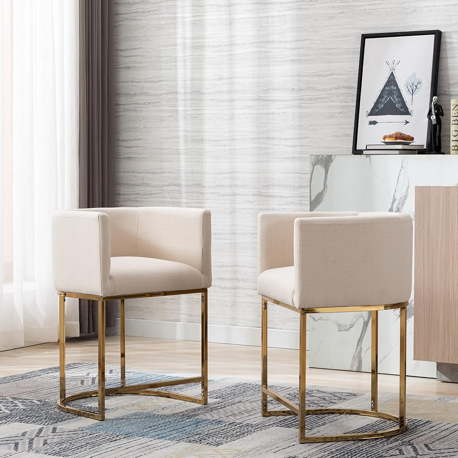 Linen Bar Stools Set of 2 with Golden Metal Base for Kitchen