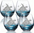 Sea Turtle Wine Glasses Set 4 - Hand Blown Crackle Teal Stemless