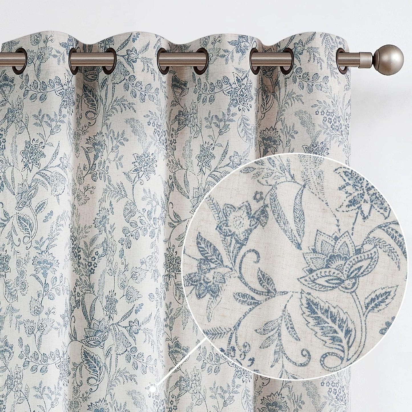 Linen Farmhouse Curtains for Living Room with Floral Print