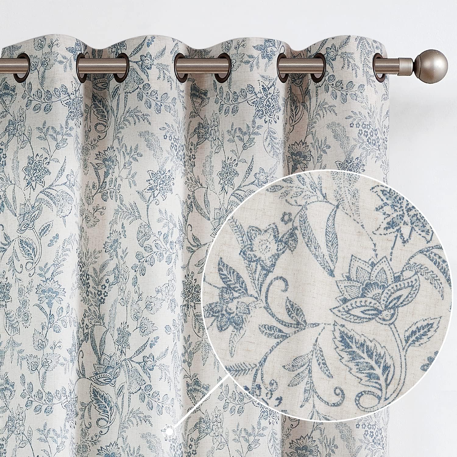 Linen Farmhouse Curtains for Living Room with Floral Print