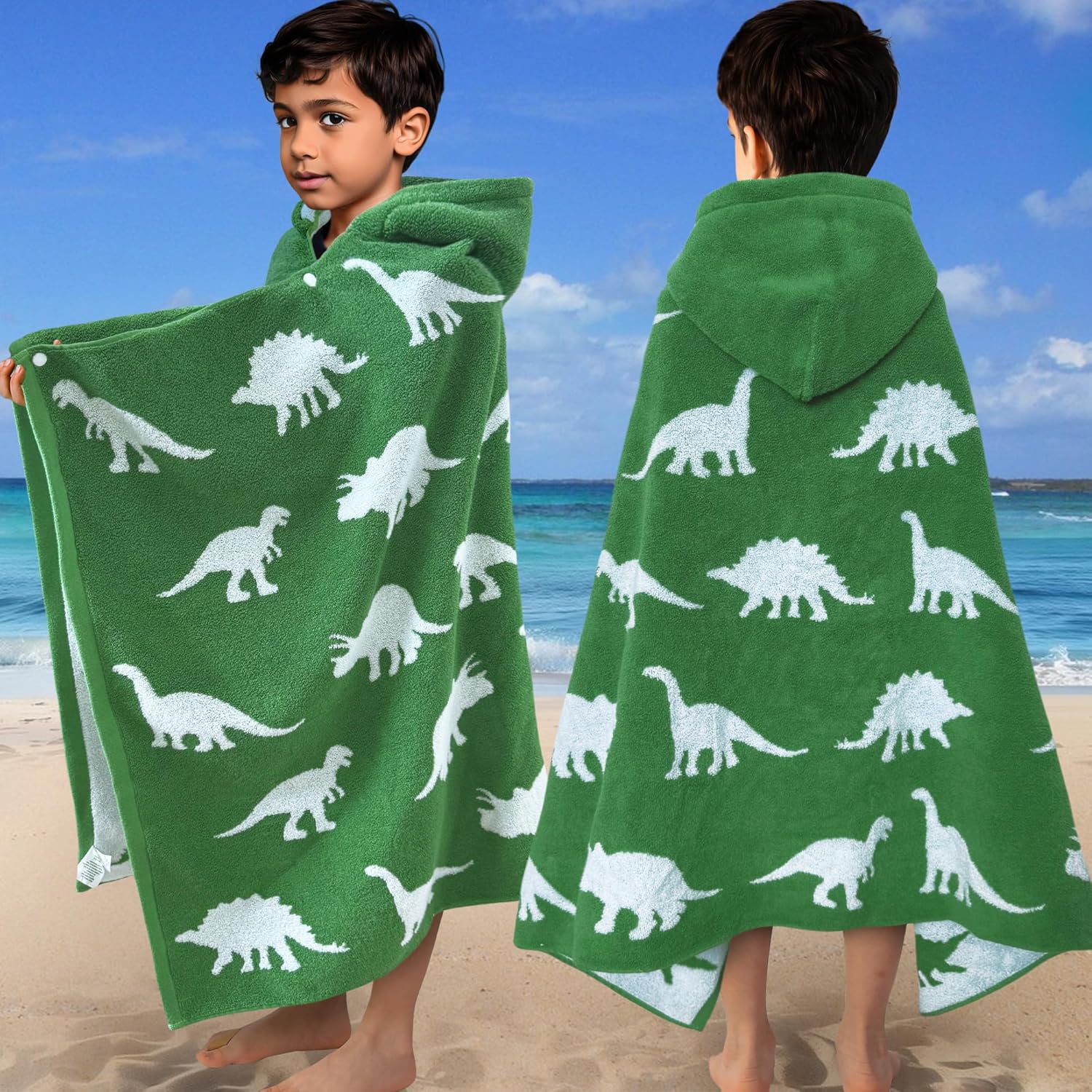 Kids Hooded Bath Towels for Boys - Soft Cotton Dinosaur Design