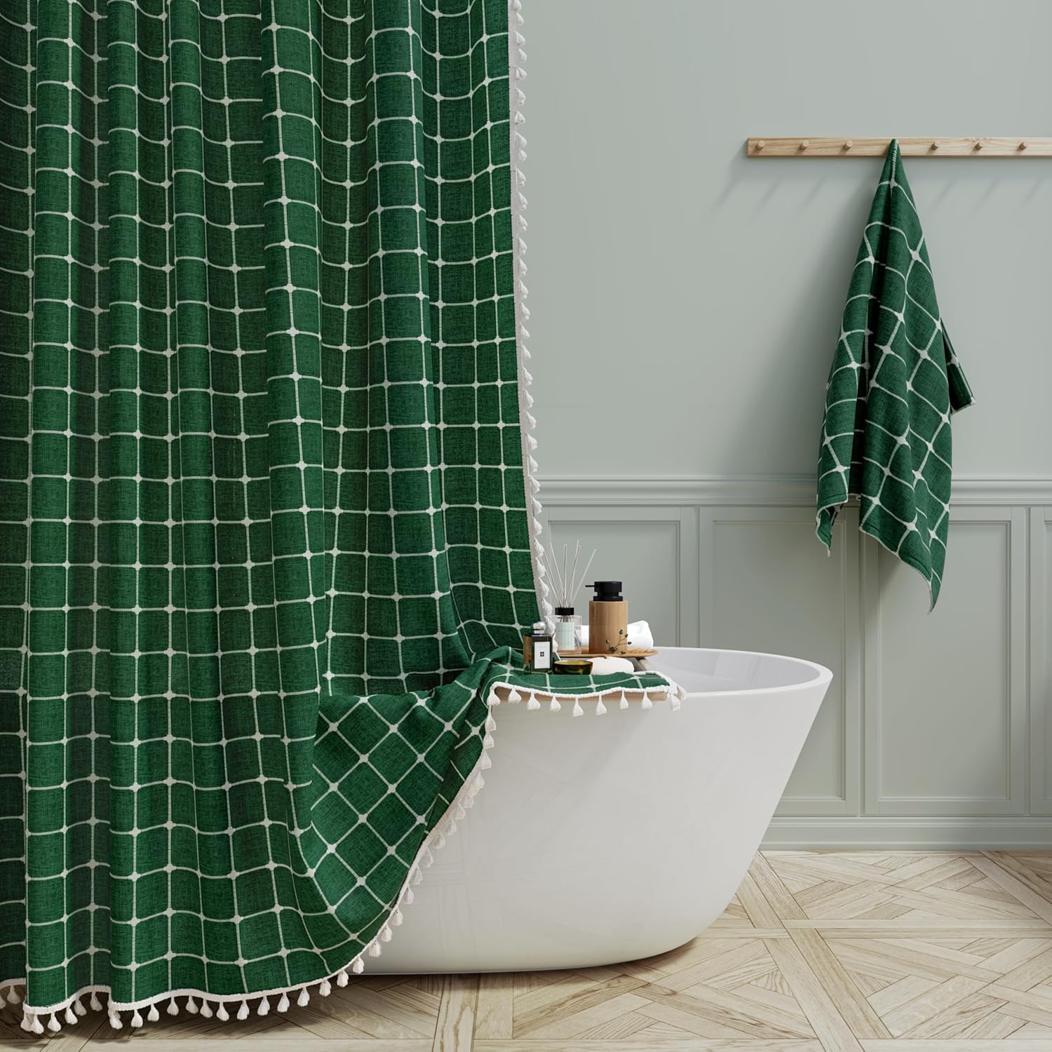72x96 Inch Boho Linen Shower Curtain - Emerald Green