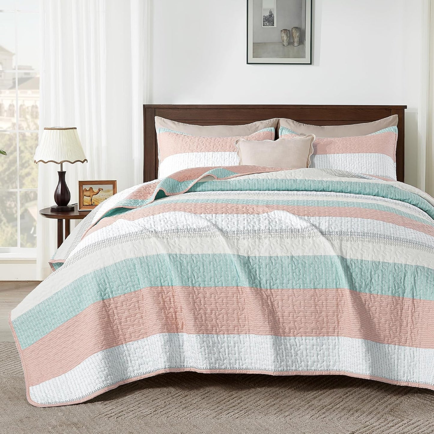 Andency California King Quilt Set in Pink Green - Soft & Stylish