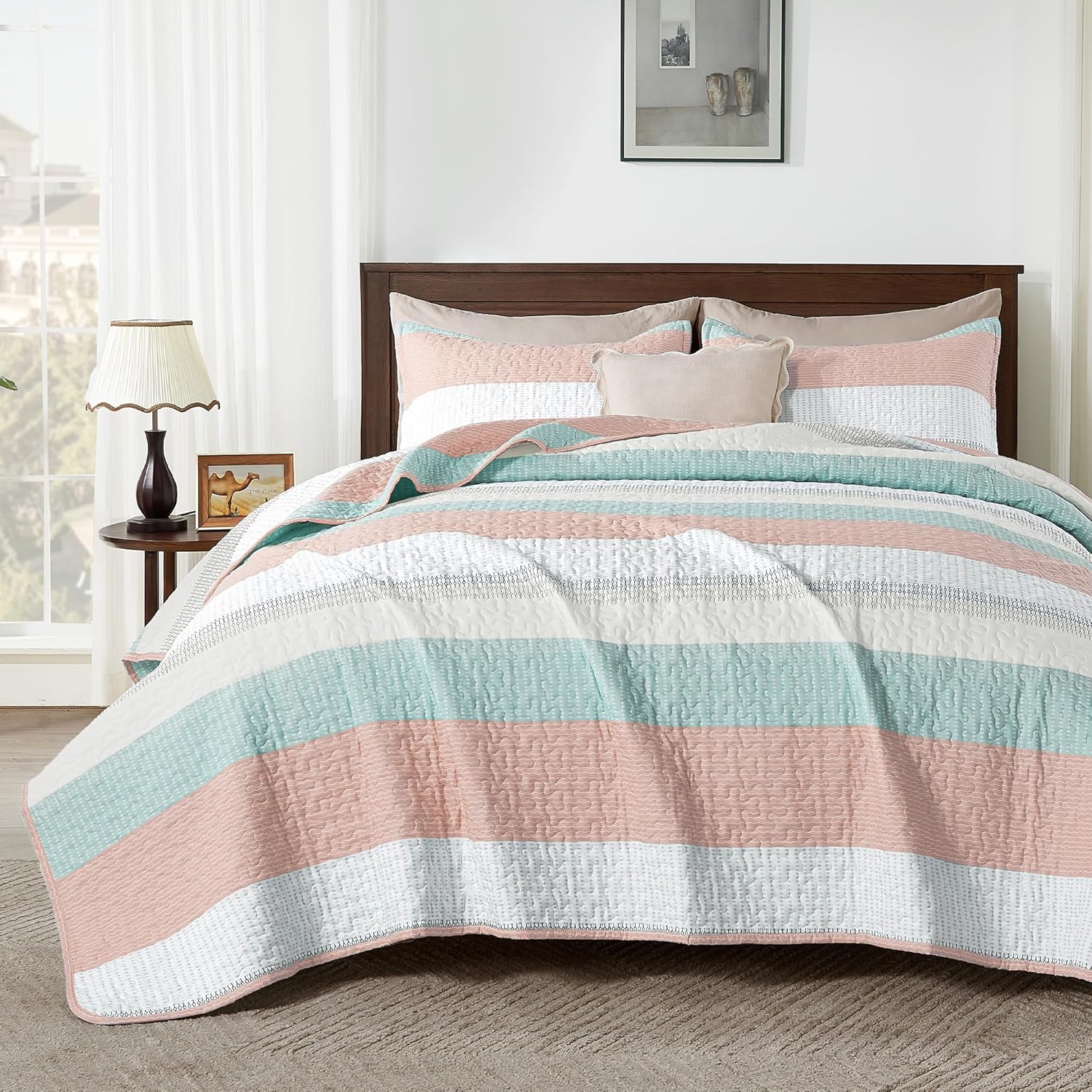 Andency California King Quilt Set in Pink Green - Soft & Stylish