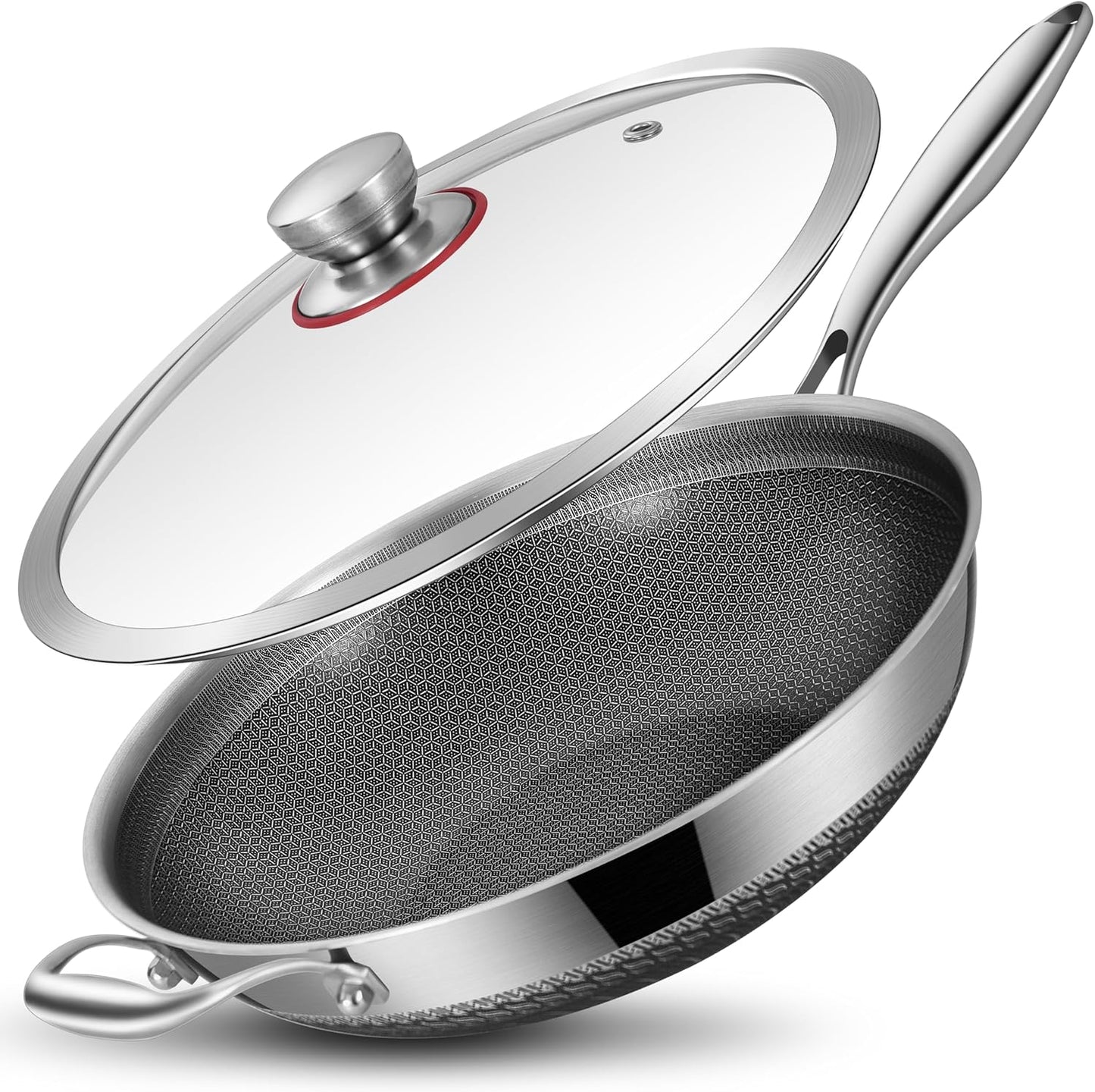 LOLykitch 12 Inch Tri-Ply Stainless Steel Wok Pan with Lid