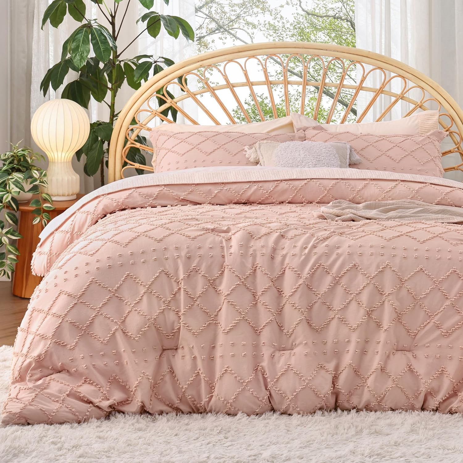 Bedsure Twin Comforter Set - Coral Pink Boho Tufted Bedding