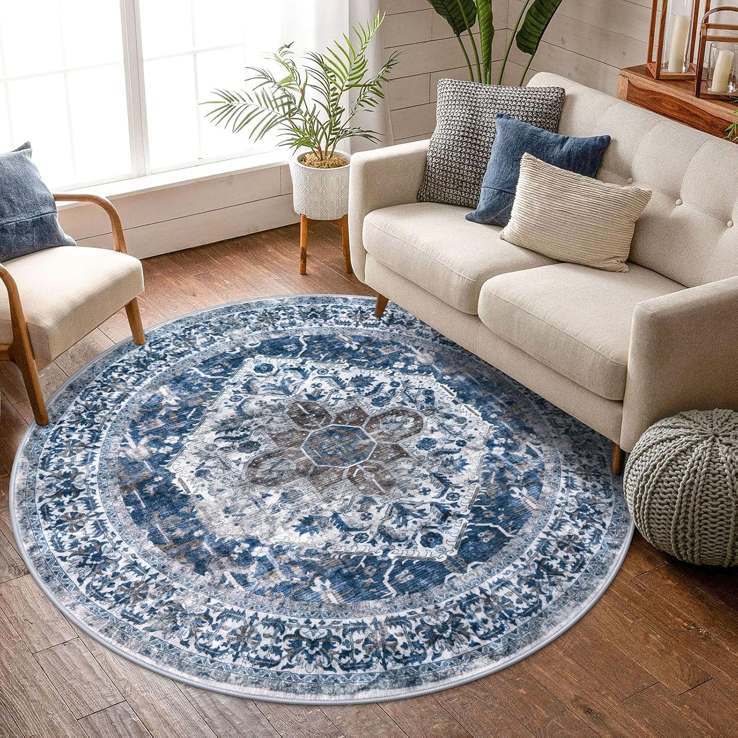 KOZYFLY Round Rug 6 Ft Washable Non Slip Vintage Circle Rug