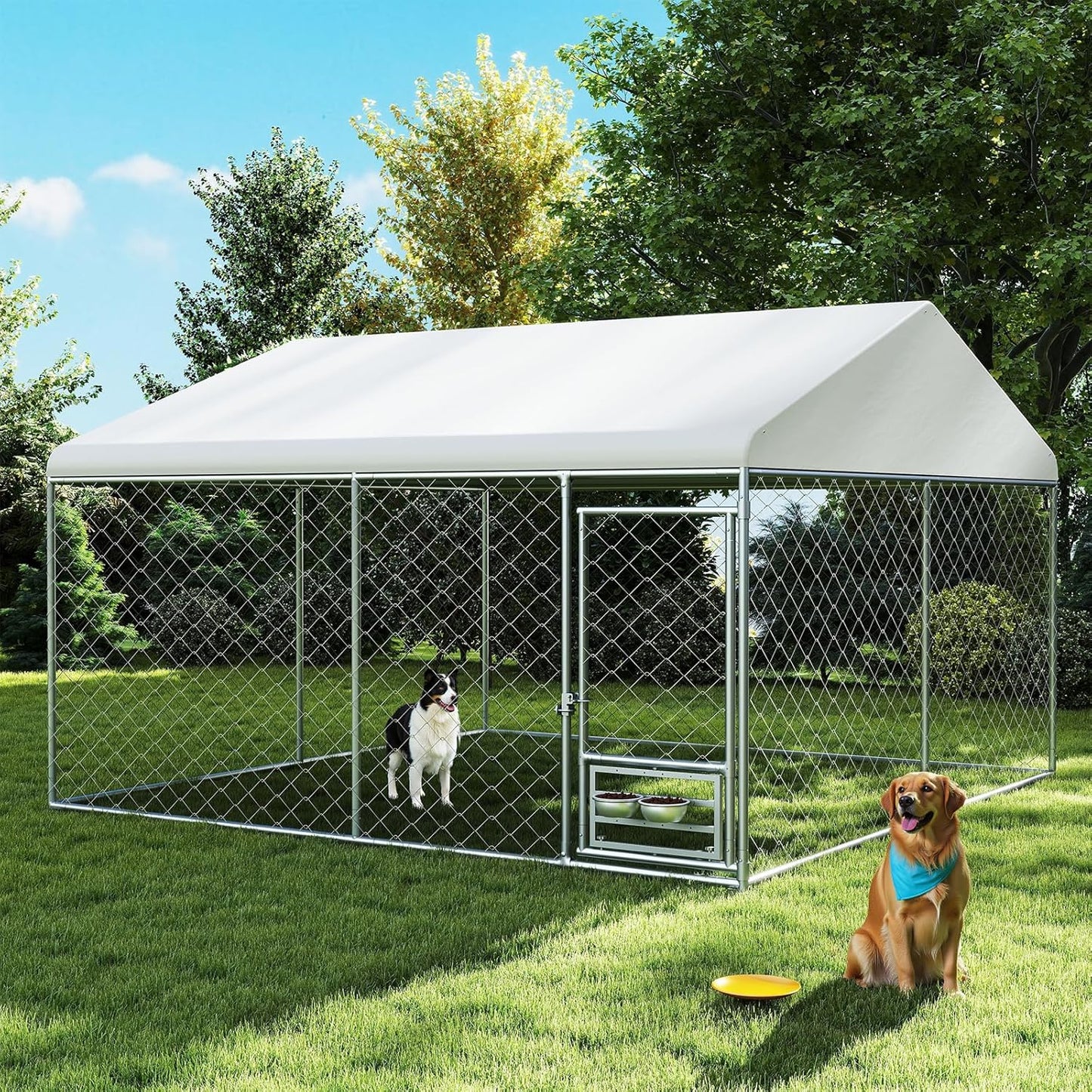 Rovibek 10x10 Ft Outdoor Dog Kennel with Roof and Feeder Bowls