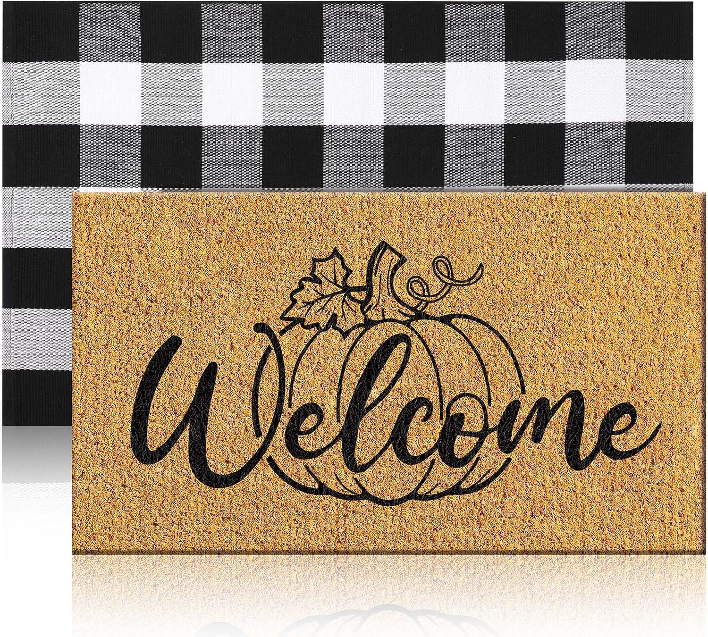 Fall Coir Door Mat Set with Pumpkin and Checkered Rug Design