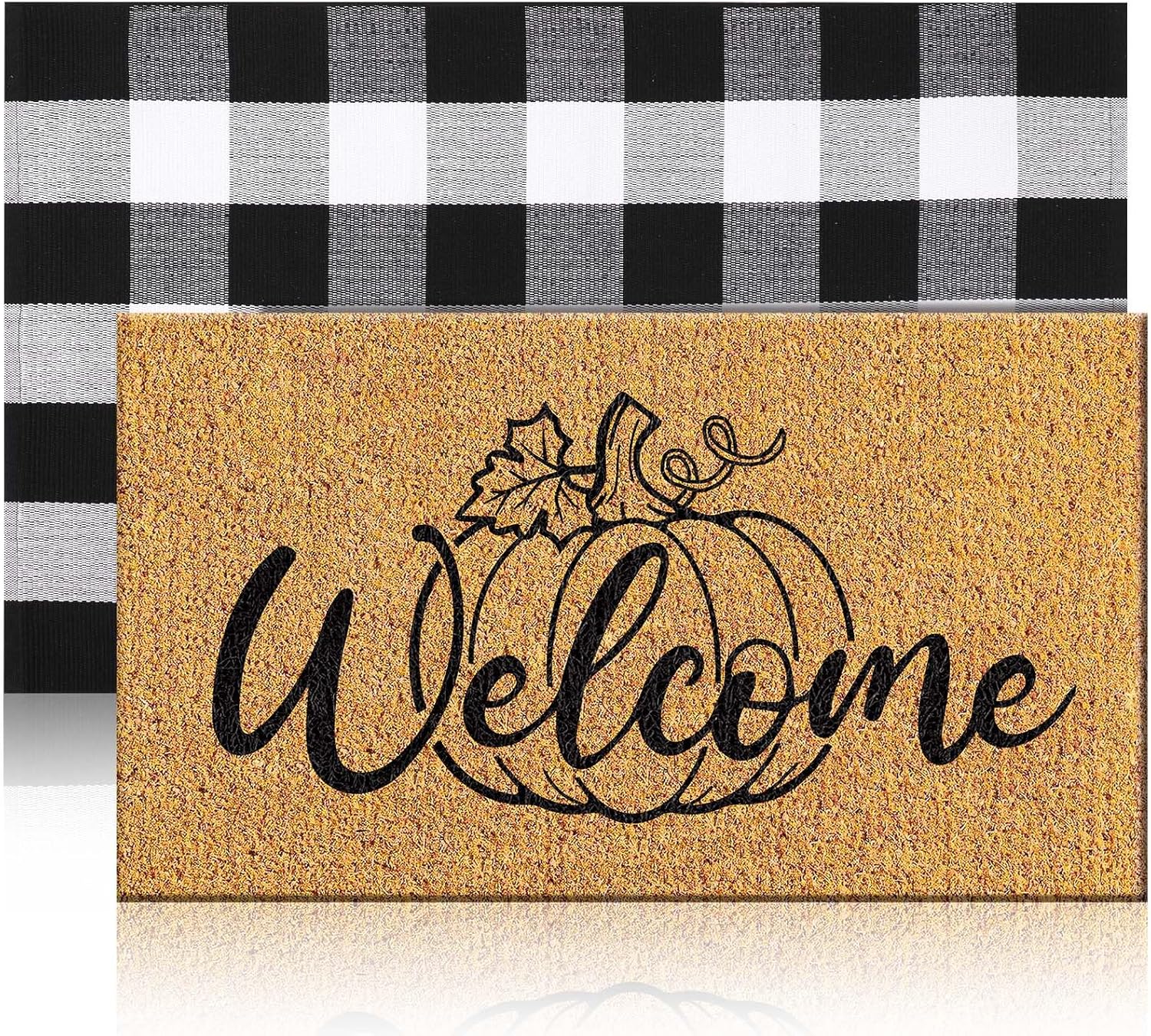 Fall Coir Door Mat Set with Pumpkin and Checkered Rug Design
