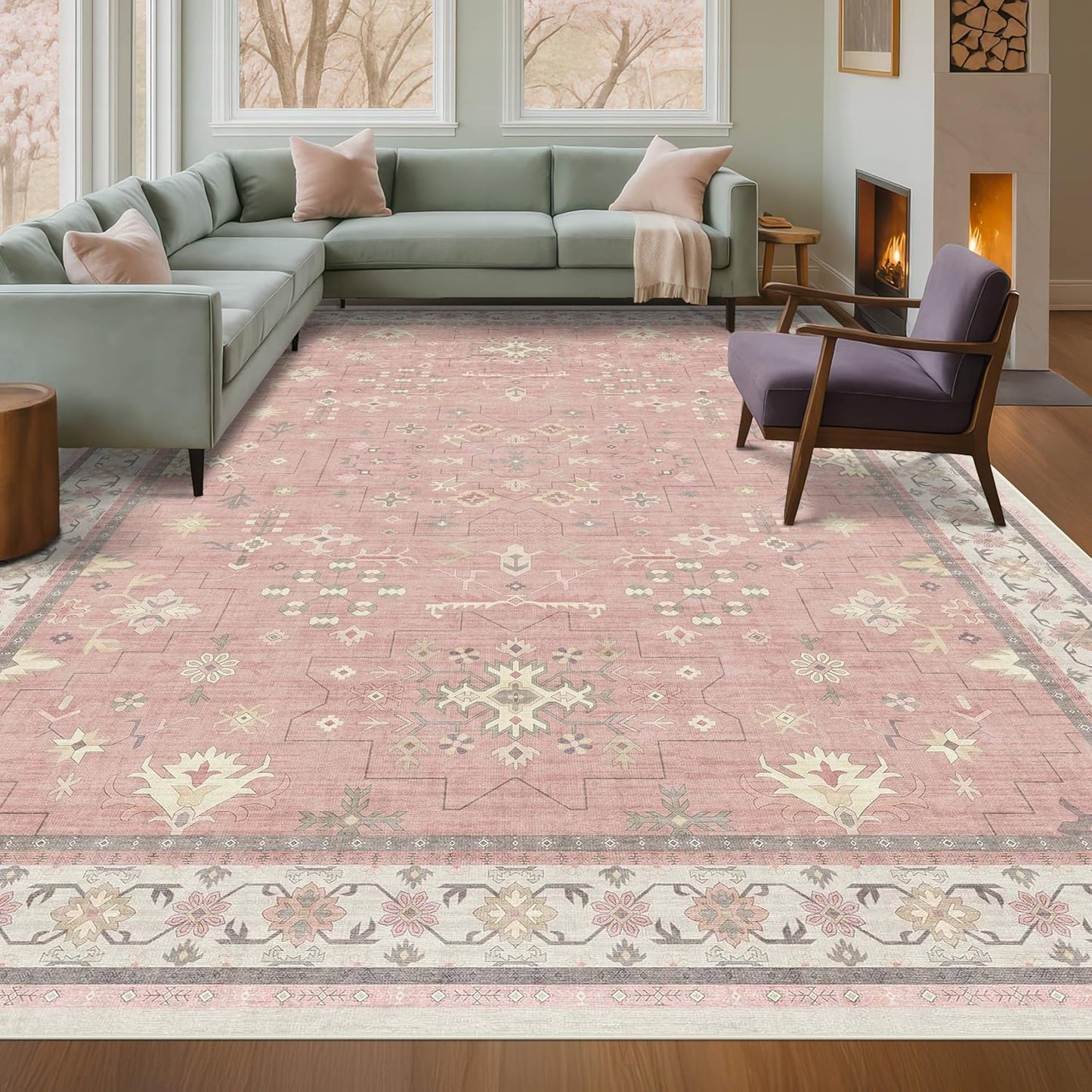 Washable 8x10 Blush Pink Rug for Bedroom and Living Room