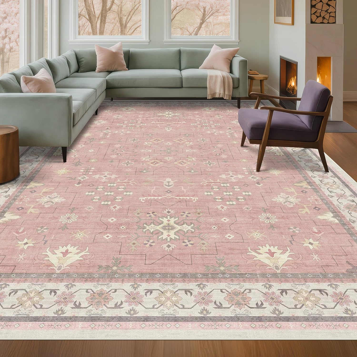 Washable 8x10 Blush Pink Rug for Bedroom and Living Room