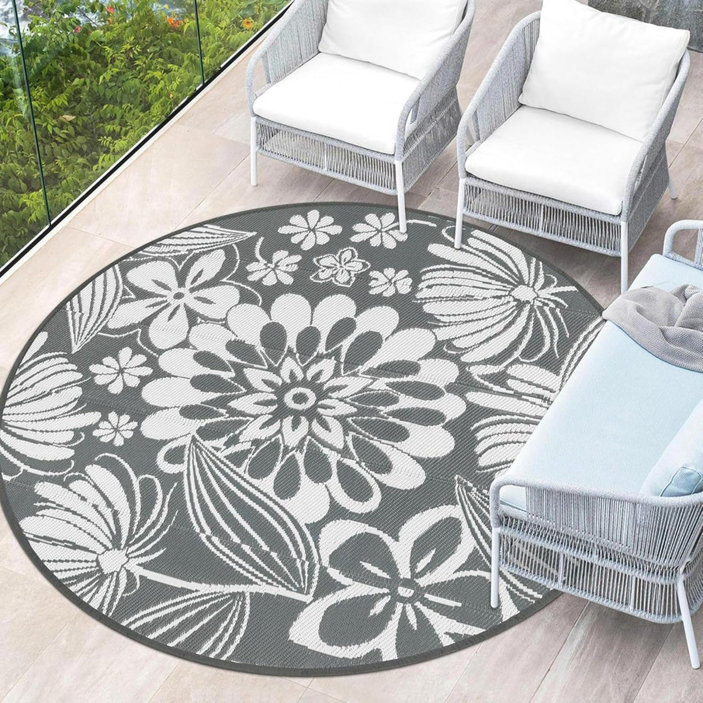 Ileading Round Outdoor Plastic Straw Rug for Patio and Camping
