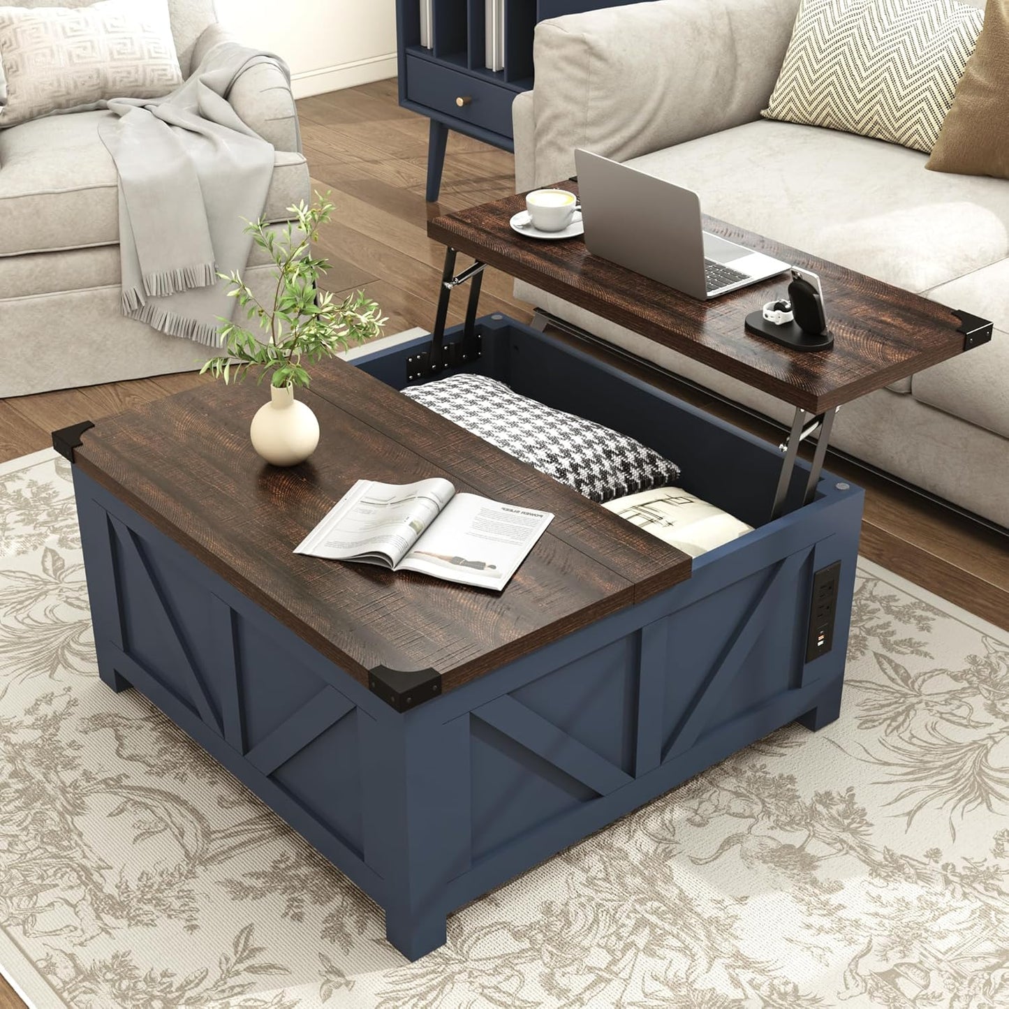 Farmhouse Lift Top Coffee Table with Storage and USB Ports