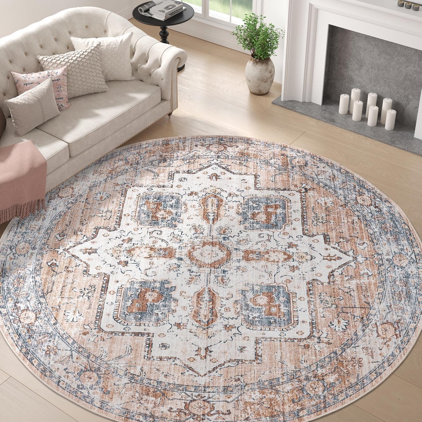 Round Area Rug 8ft Vintage Floral Non-Slip for Home Use