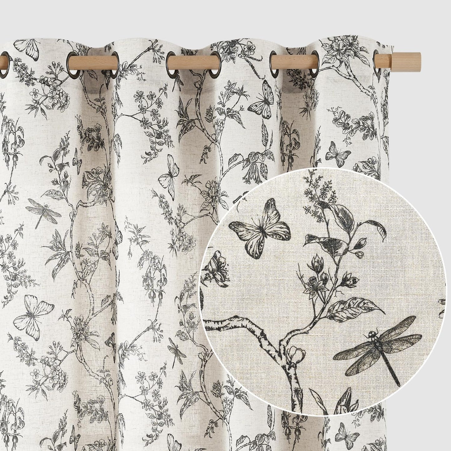 Linen Floral Farmhouse Curtains for Living Room and Bedroom