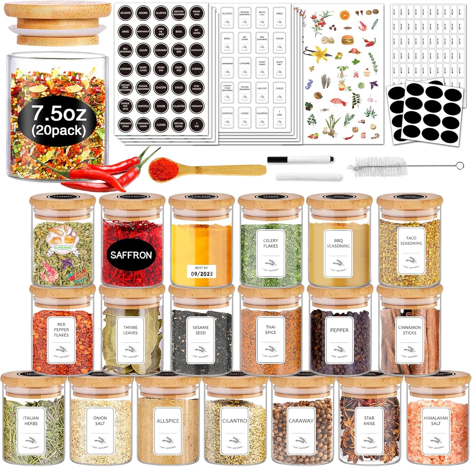 SLifeJars Spice Jars with Label - 20pcs 7.5 oz Glass Containers