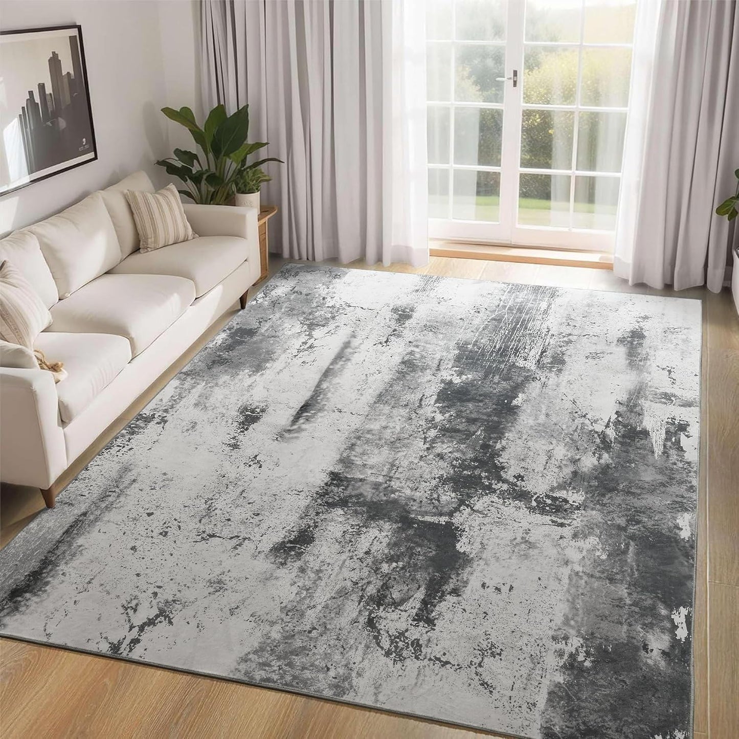 Ompaa Living Room Rug 5x8 Machine Washable Boho Abstract Design